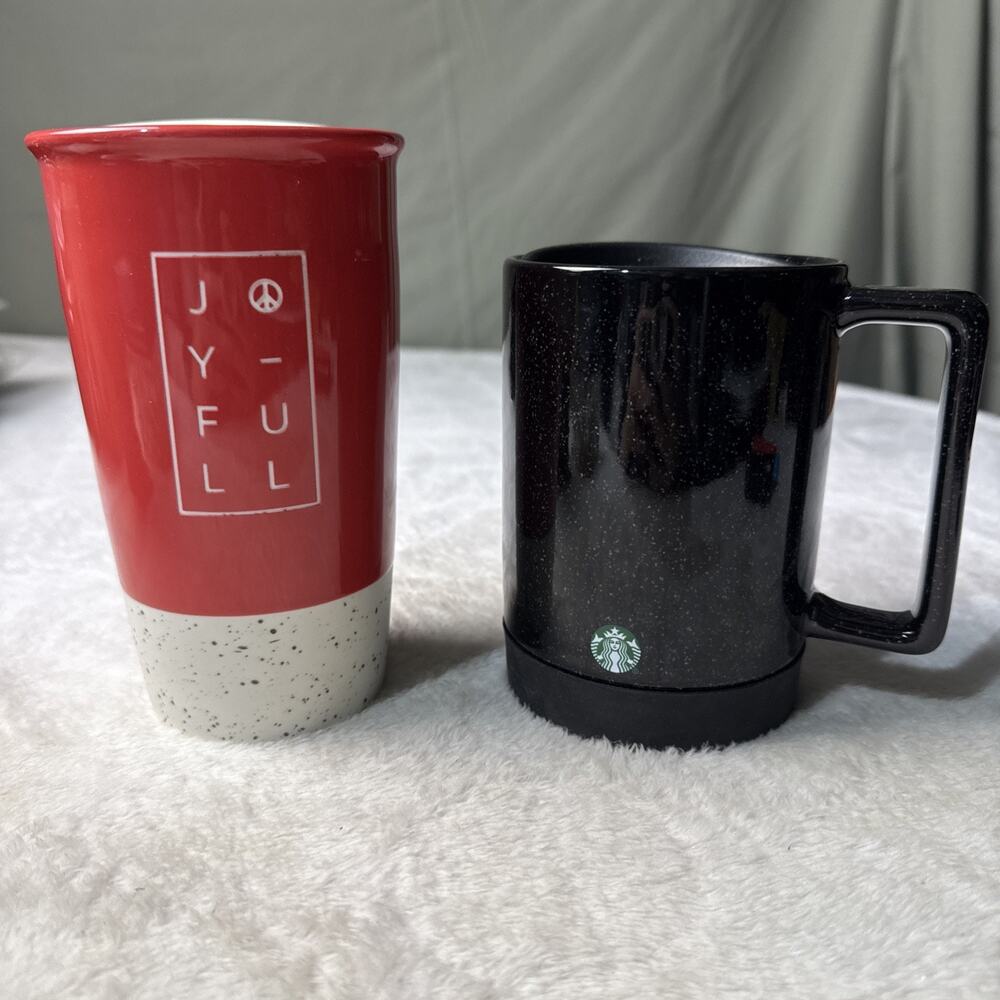 STARBUCKS Holiday Red JOYFUL Peace Sign Coffee Mug Tumbler Lid Travel Cup Set 2